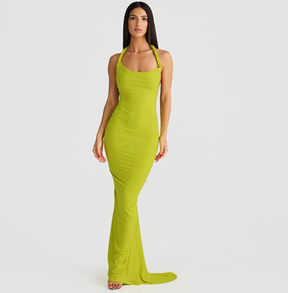 Chic Backless Halter Pleated Sheath Maxi Dress