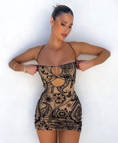 Flocked Printed Sheath Suspender Skirt for Women